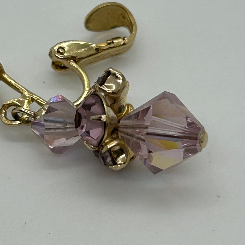 Vintage Aurora Borealis Dangle Earrings Crystal Pink Iridescent Faceted Goldtone - Picture 8 of 15